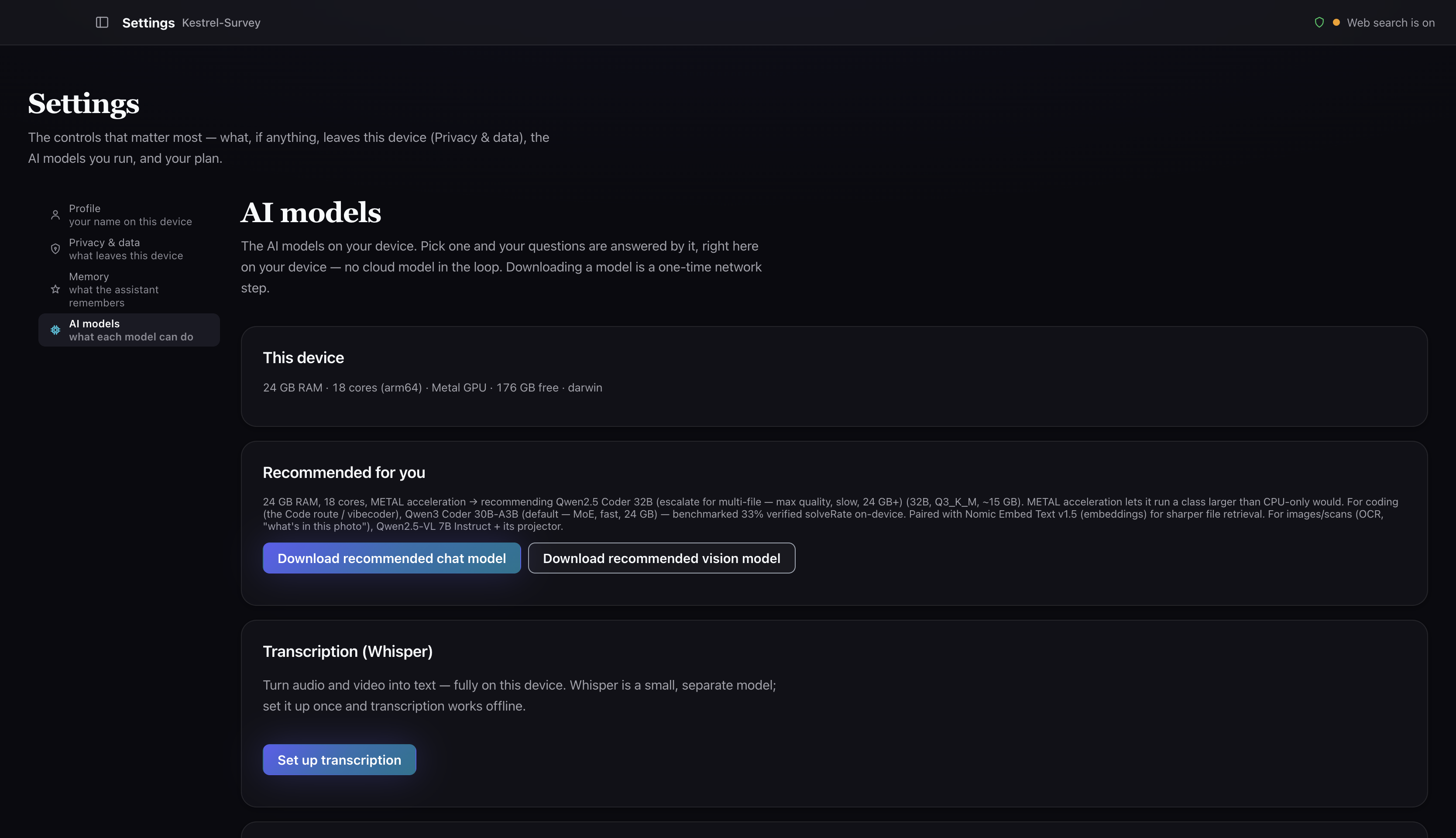 The app's AI models settings screen. A This device panel reports the
                machine's memory, core count, GPU and free disk. A Recommended for you
                panel explains which models suit that hardware and offers buttons to
                download a recommended chat model or vision model. A separate panel
                offers to set up offline transcription.