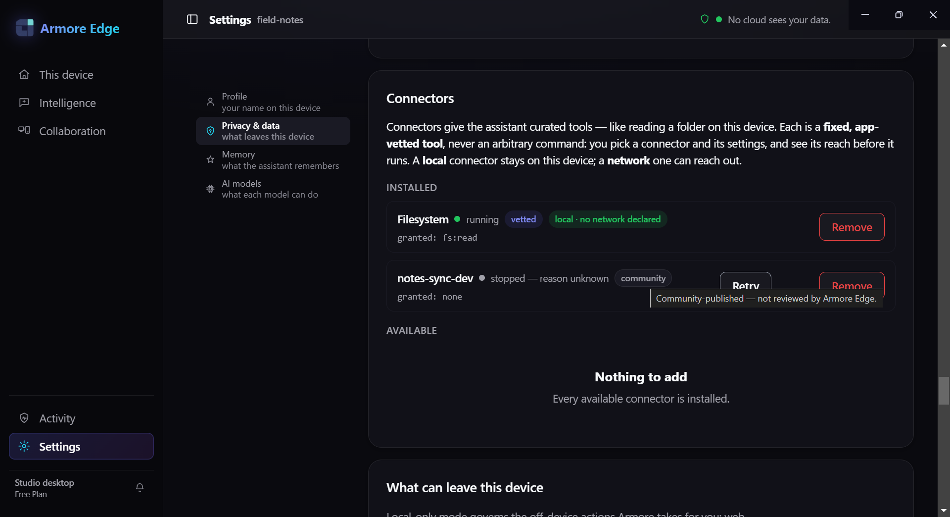 The Connectors panel with the pointer resting on a community badge,
                revealing a tooltip that reads community-published, not reviewed by
                Armore Edge.