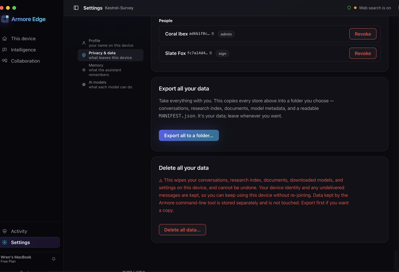 The app's Privacy and data settings. A People list shows two members with
                their roles and a Revoke button each, above an Export all your data panel
                and a Delete all your data panel.