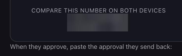 The joining side of the same pairing, showing the same compare-this-number
                panel with the number blurred.