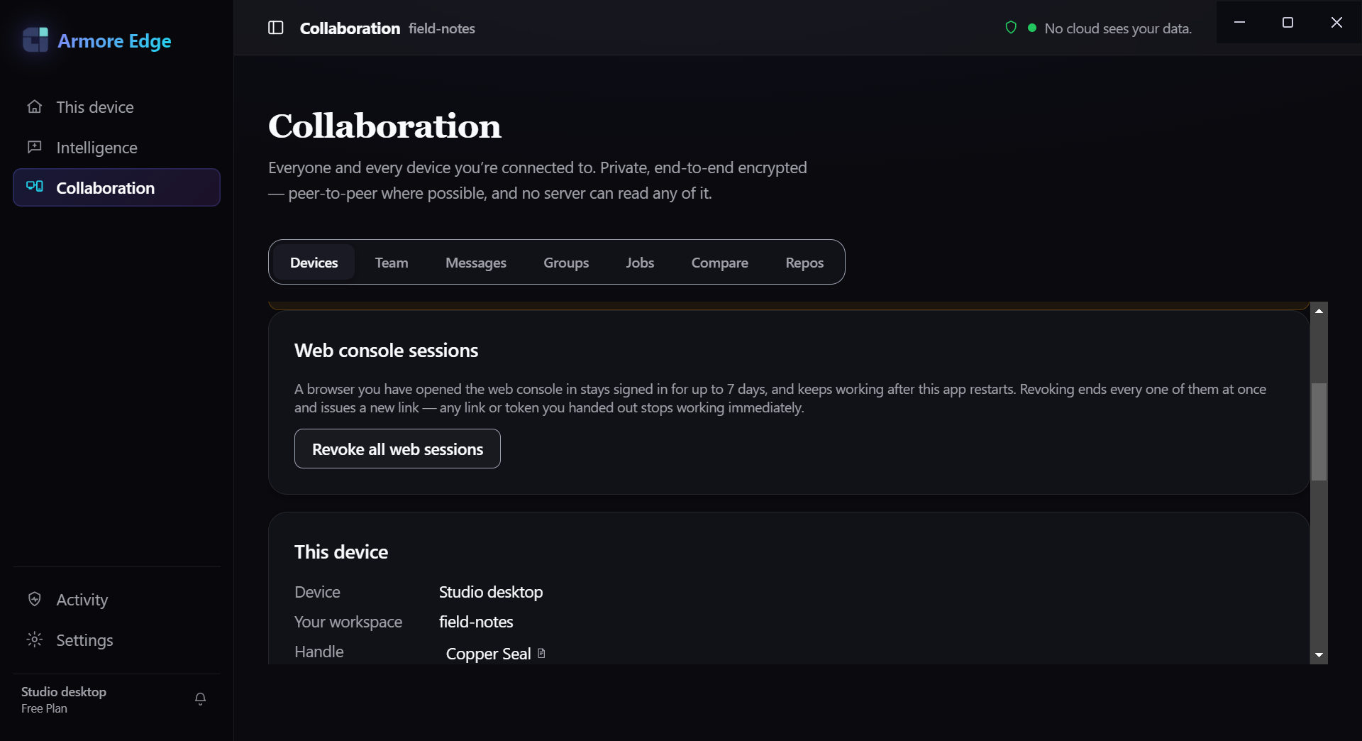 The app's Collaboration screen on the Devices tab. A Web console sessions
                panel explains that a browser stays signed in for up to seven days and
                keeps working after the app restarts, and that revoking ends all of them
                at once and issues a new link. A Revoke all web sessions button sits
                below the text.